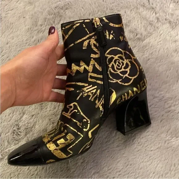 Chanel Black and Gold Ankle Boots, US7 - Picture 4 of 12